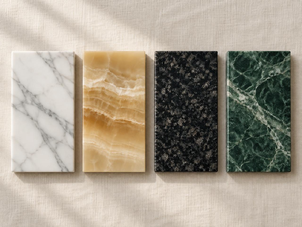 Polished marble, onyx and granite sample tiles