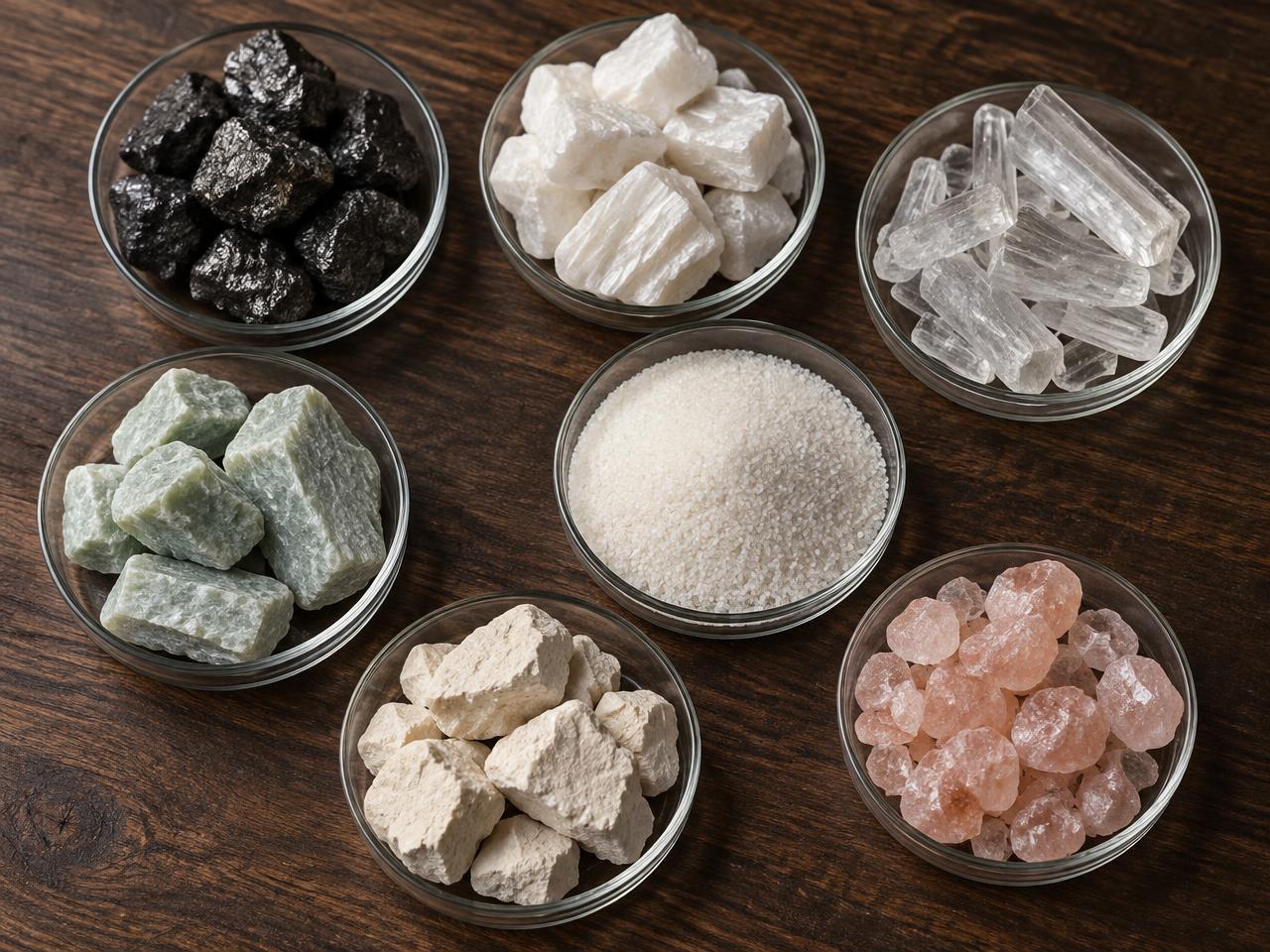 Samples of chromite, barite, gypsum, soapstone, silica sand and limestone